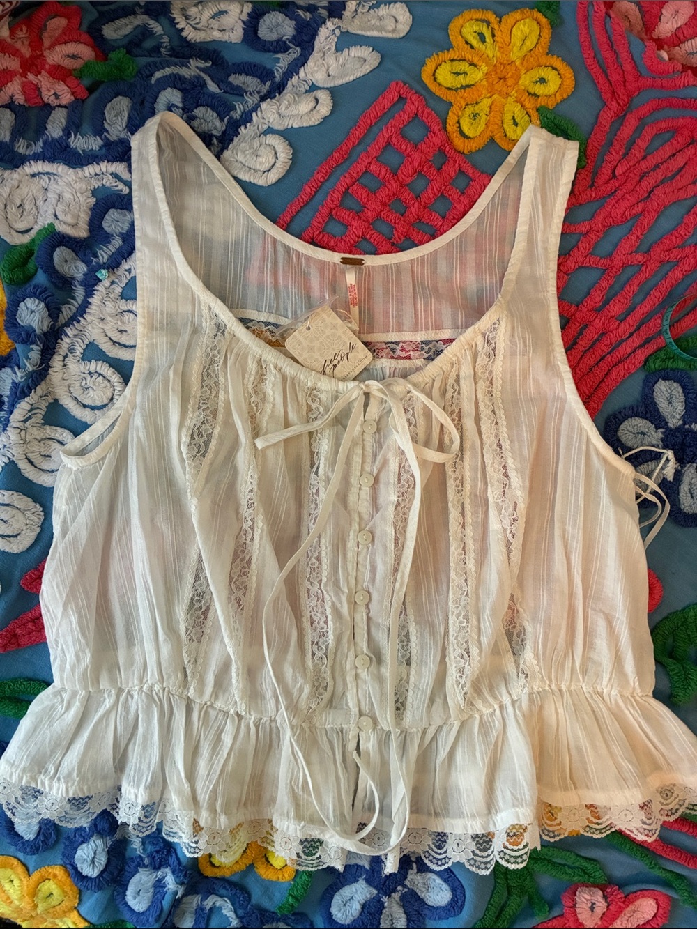 NWT Free People Cream Lace-Trim Sleeveless Peplum Top Sz L